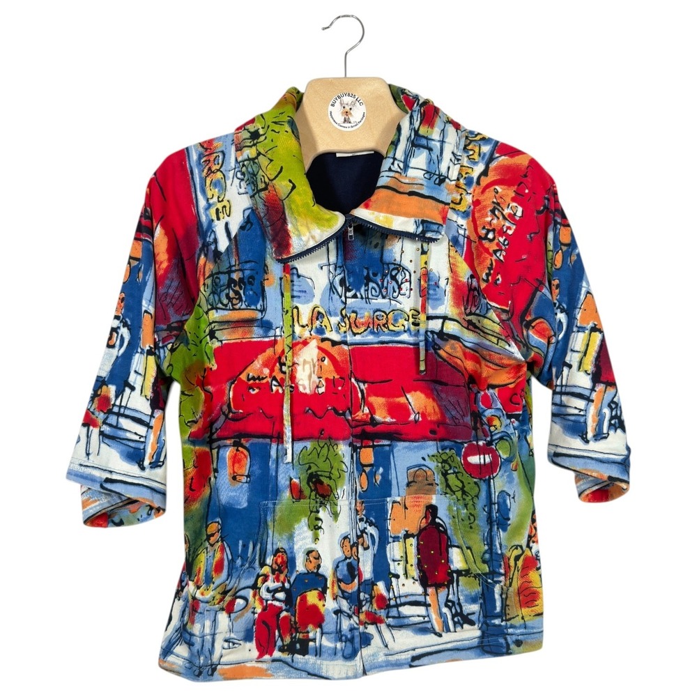 Michael Leu Wearable Art Paris Cafe Print Zip Jacket Beaded Women XL